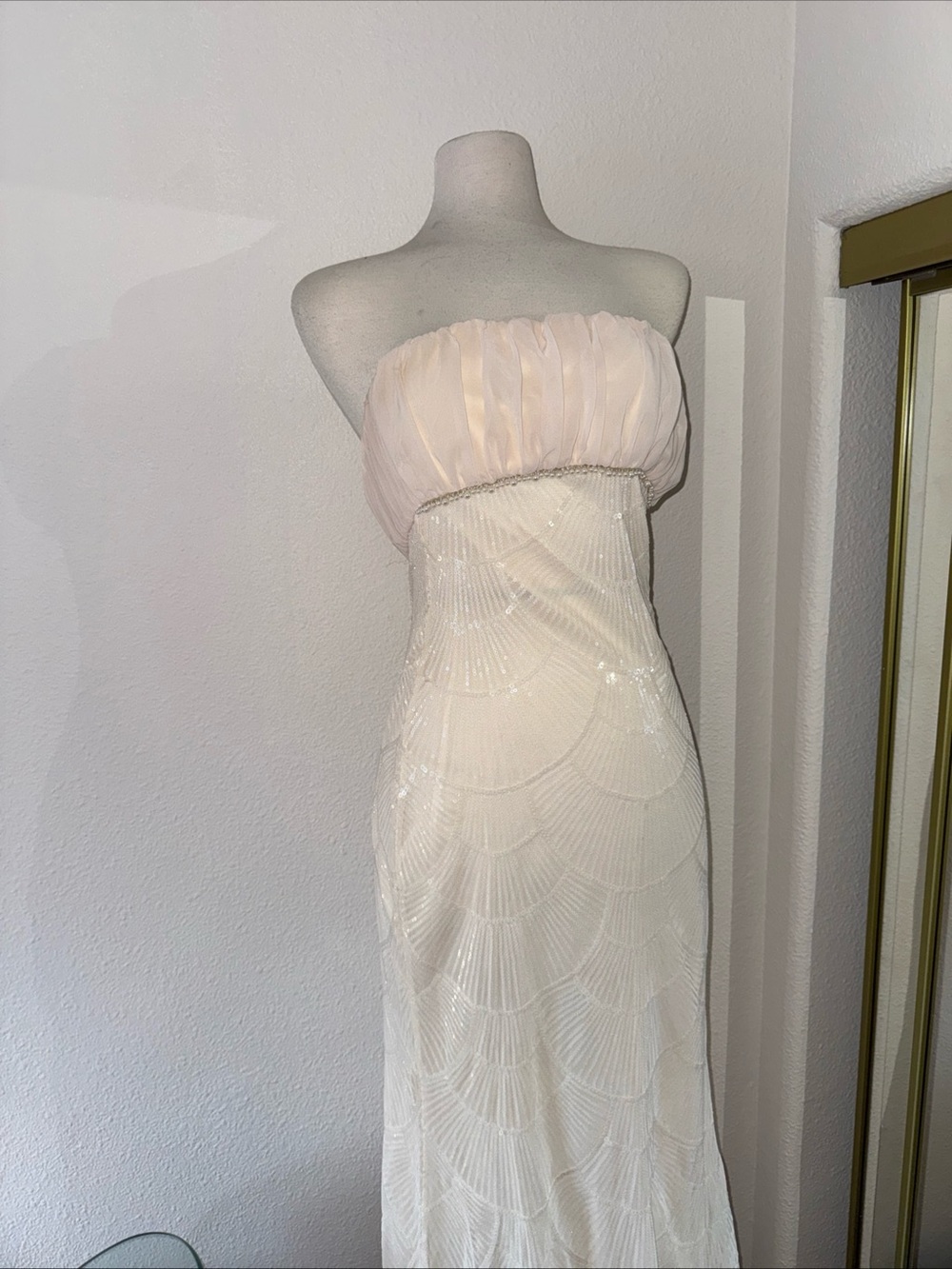 Simons Strapless Cream & Blush Beaded Wedding Dress